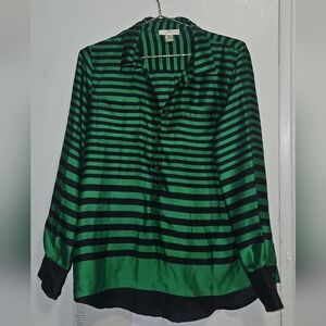 KENAR Green and Black Striped Button-Up Silk-Like Shirt